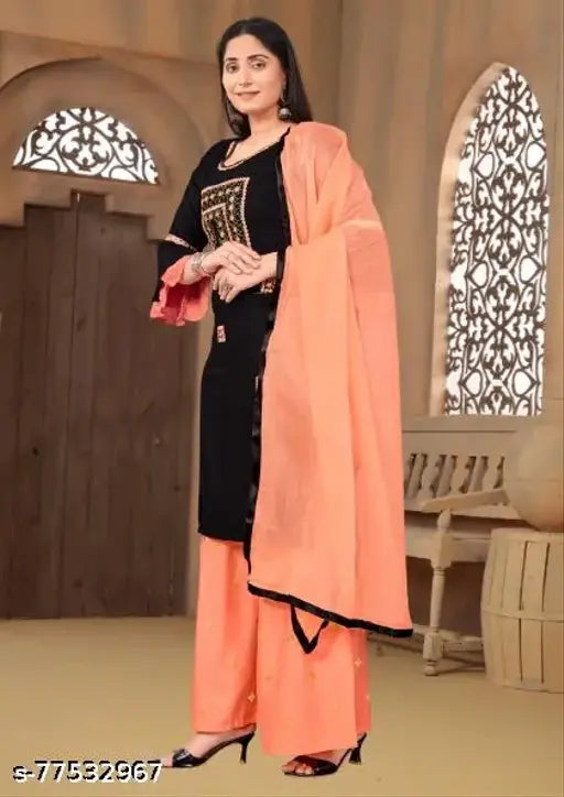 Rayon embroidered dupatta set for women, three-quarter sleeves, Indian traditional attire - XXL, Bust size 44in