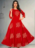 Rayon three-quarter sleeve Anarkali red kurti for women, self-designed print for party wear, attractive and fashionable on a mannequin