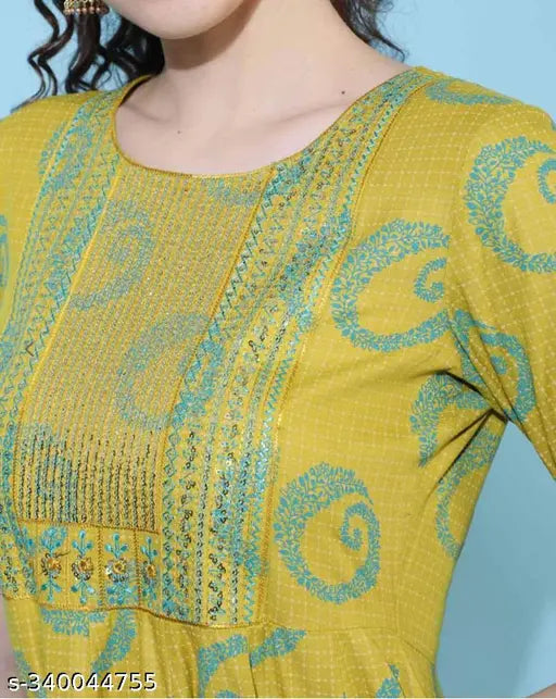 Rayon embroidered Anarkali Kurta, women's festive wear in cotton, three-quarter sleeves, printed design. Indian origin