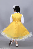 Yellow net below knee festive/wedding dress for girls (3-4 years), solid pattern on three-quarter sleeves