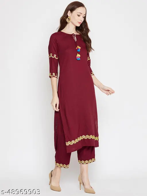 WineRed Embroidered Rayon Kurta and Palazzo Set, Indian hand-embroidered women's fashion, three-quarter sleeve, single piece, sizes S-XL