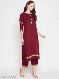 WineRed Embroidered Rayon Kurta and Palazzo Set, Indian hand-embroidered women's fashion, three-quarter sleeve, single piece, sizes S-XL