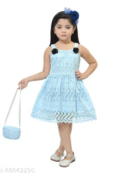 Cotton baby girls frock dress with handbag, self-design net pattern, 2-3 years (bust 26in, length 18in)