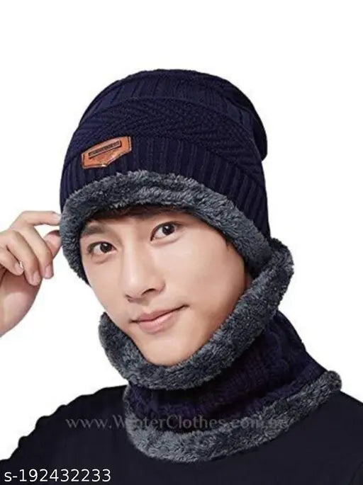 Red wool unisex beanie cap set with muffler scarf and gloves, winter-warm military printed, soft & trendy, India origin