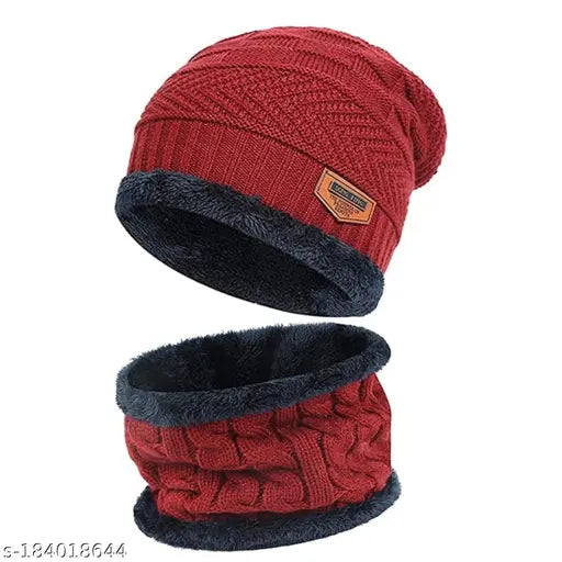 Red HIGHEX winter beanie cap and cotton gloves set, warm woolen protection for men & women, fur-patterned balaclava