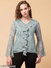 Olive green chiffon ruffle sleeve top by Hive91 for women - trendy, relaxed fit with long sleeves and front ruffle design
