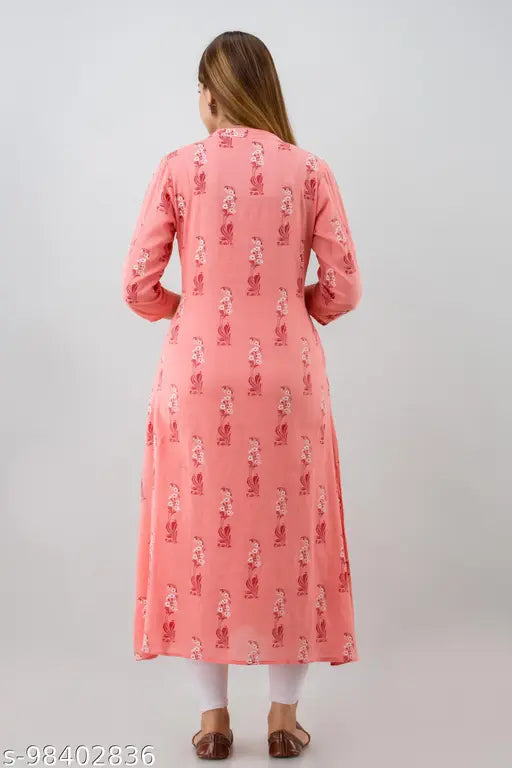 Printed Rayon Anarkali Pink Kurti for Women & Girls, three-quarter sleeves, vibrant floral print. Indian ethnic wear fashion