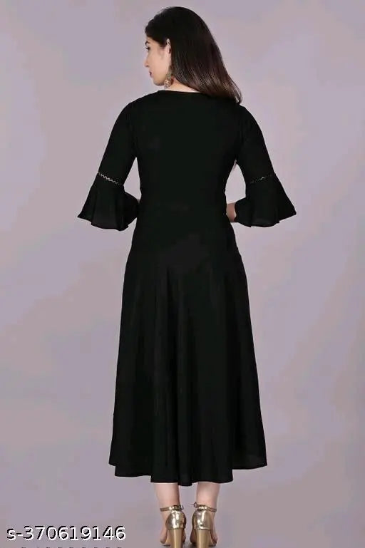 Black rayon bell sleeve kurti with solid pattern, three-quarter sleeves, hand-washable, suitable for casual and formal occasions, country of origin: India