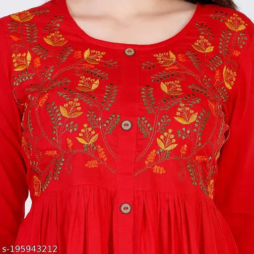 Rayon Anarkali embroidered kurti, three-quarter sleeve, India-origin women's fashion