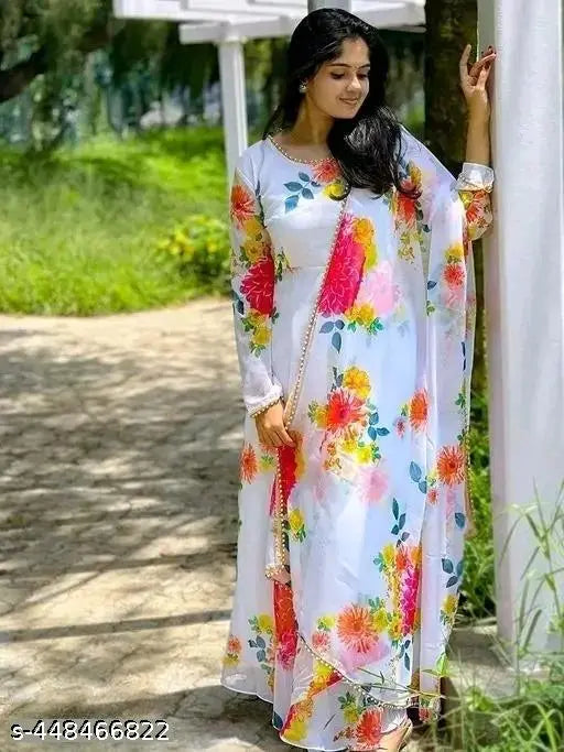 White Georgette full sleeve ankle length flower printed ethnic western gown with dupatta and inner, suitable for various occasions