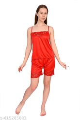 Satin lace sleeveless short nightsuit in free size, soft and cozy cotton for a good night's sleep