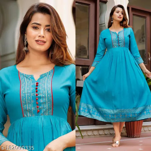 Rayon Krishna Border Printed Anarkali Kurti, three-quarter sleeves, single color, Indian ethnic wear for women