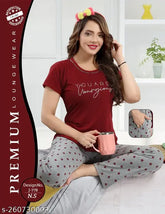 Maroon hosiery printed half-sleeve T-shirt and pyjama set, women's nightsuit top & pants for sleepwear