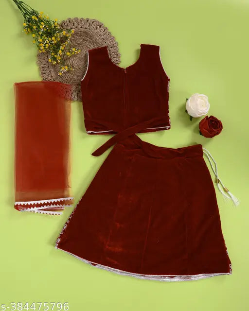 Trendy acrylic top & velvet lehenga with net dupatta for baby girls (6-24 months), intricately embroidered, Indian origin