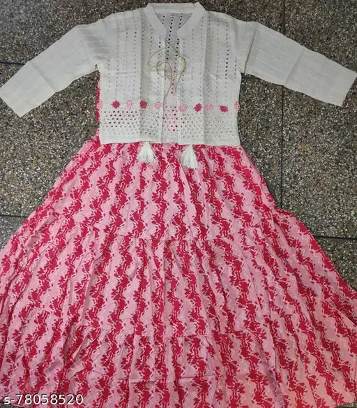 Rayon printed kurti and jacket, fashionable Indian festive outfit for L (bust 40in, length 56in) & XL (bust 42in, length 56in)