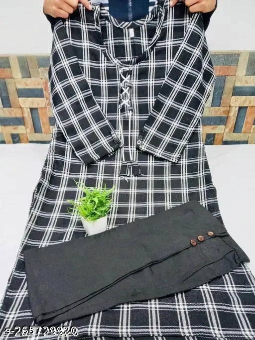 Black full-stitched large kurti with pink pant, wool and cotton blend, 3/4 sleeves, checks pattern, regular fit, floral print, western style, casual or formal wear