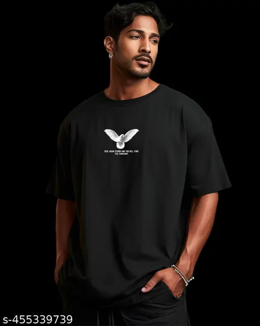 Oversized men's cotton blend t-shirt with printed sleeves, perfect for a comfortable streetwear look. Available in sizes M, L, and XL. Made in India