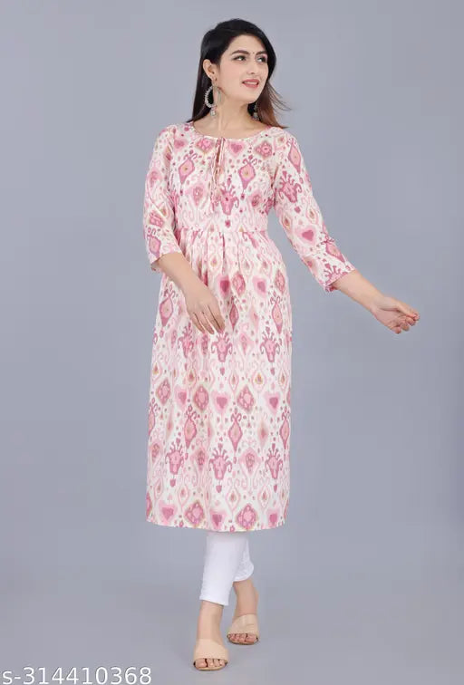 Women's mirror work Nayra cut calf length printed rayon kurti, three-quarter sleeves, round neck, India