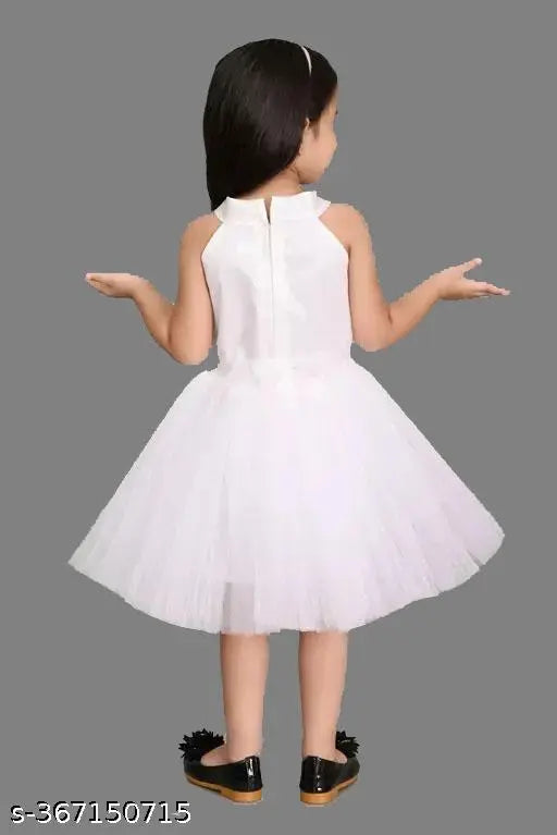 White cotton linen sleeveless embellished net princess dress for girls, stylish designer frock on mannequin