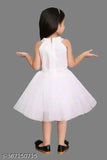White cotton linen sleeveless embellished net princess dress for girls, stylish designer frock on mannequin