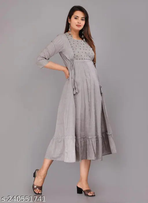 Grey rayon printed Anarkali kurta for women, single lakh Navi sequence embroidery, perfect casual or office wear