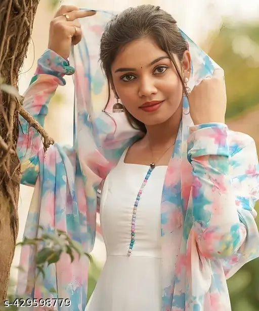 Designer white georgette gown, long-sleeved solid net bridal wear, size S (36m bust, 14m shoulders)