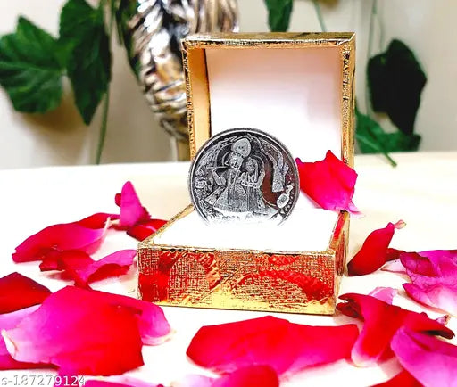 Silver-plated Radha Krishna idol coin (10g), beautifully packaged in a golden box - ideal for wedding anniversaries and birthdays
