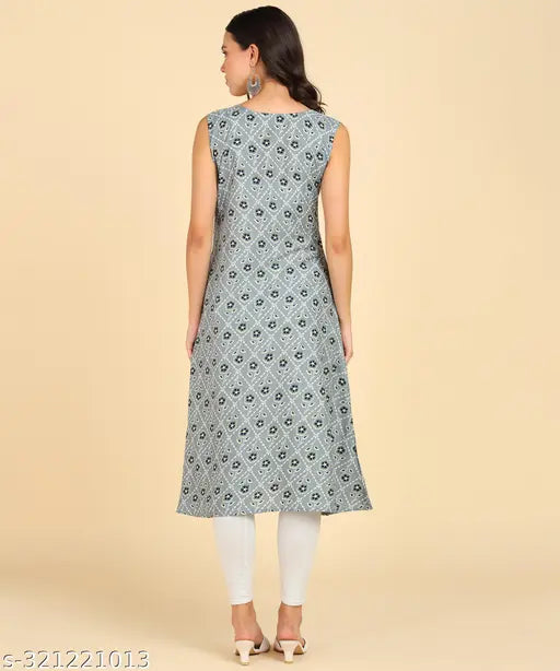 Women's sleeveless round long kurti in crepe fabric, printed combo for casual wear, calf length, India-made