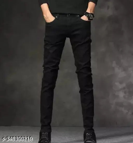 Plain black cotton-blend jeans for men, ideal for a casual fit