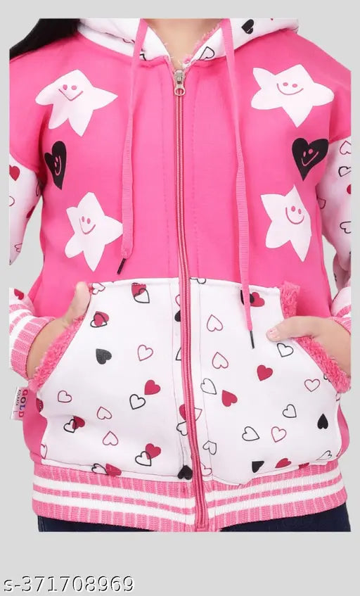 Wool sleeveless kids girls winter hoodie jacket, printed net design for 3-16 years