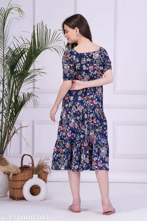 Rayon blue floral anarkali kurta, three-quarter sleeves, printed combo, Indian women's fashion