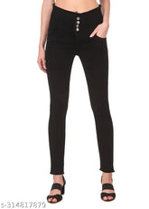 Women's black denim jeans with four buttons, size 28/30/32/34 (waist 28in, 30in, 32in, 34in; length 35in). Denim pants for women on hanger