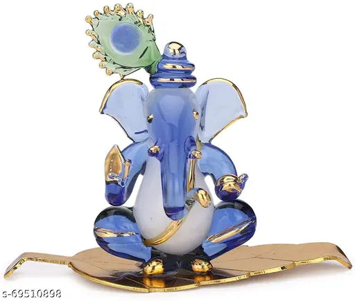 Handcrafted Ganesh statue, crystal glass figure with gold polish, Indian automobile showpiece for table decor