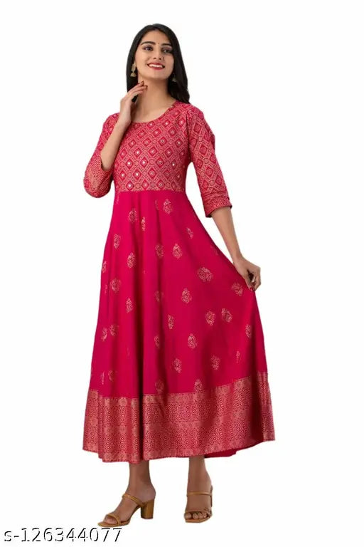 Rayon Anarkali gown with printed combo, three-quarter sleeves, S to XXL sizes available, on model