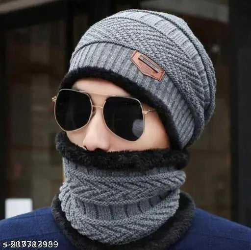 Grey wool men's balaclava cap, solid design for winter outings