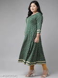 Green rayon ethnic motif round kurti, Yash Gallery women's style with 3/4 sleeves and gold floral print. Country of origin: India