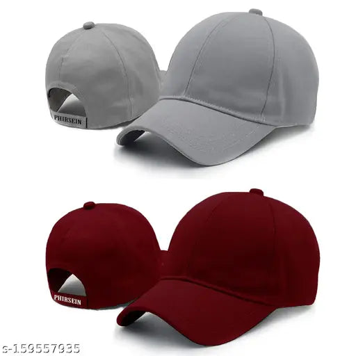 Grey and maroon cotton adjustable baseball summer sports caps pack, unisex design for men, women, girls, boys. Adjustable with Velcro, sweat-proof for summer. New latest Phirsein brand cap under 99