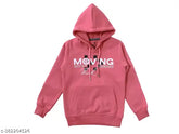 Pink fleece hoodie for kids, cotton blend, long sleeves, printed net design. NeuVin size 3-4 years (chest 14in, length 19in). Premium fleece sweatshirt in standard sizes. Made in India