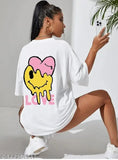 Oversized white printed cotton t-shirt for women, trendy love design, India origin
