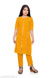 Yellow aari type lace kurti set for kids daily wear, crepe fabric, straight top, palazzo bottoms, embellished sleeve, sizes 7-8 years - 15-16 years. Indian girls clothing and dresses on display