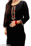 Woolen embroidery kurti for women, three-quarter sleeves, solid design. Handcrafted wool kurti from India