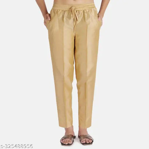 Golden color poly blend women's kurti pant, full elastic with drawstring, both side pockets - Indian made, perfect for size 36, 30", 28", 41" hip