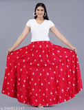 Women's rayon flower print long skirt, vibrant floral design in net pattern, available in various sizes from 34-48/Free Size