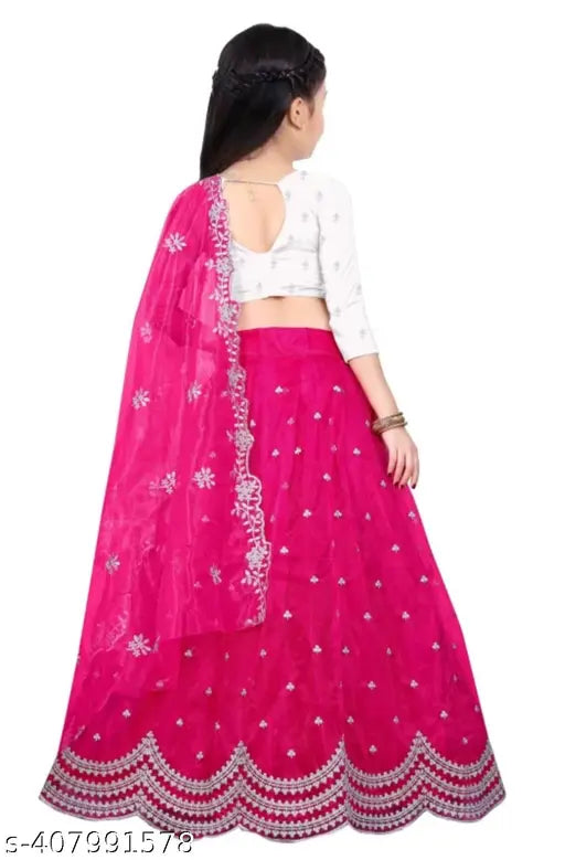 Embroidered dupion silk & net party wear Lehenga Choli, semi-stitched for girls aged 3-15 years