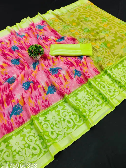 Shibori Flowers Printed Chiffon Brasso Saree with matching chiffon running blouse, premium quality South Indian fashion accessory