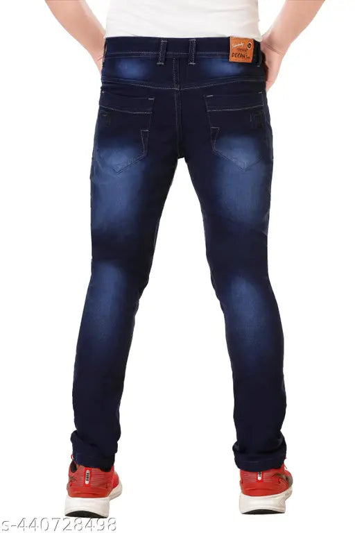 Premium men's denim jeans, solid blue, tailored fit, durable cotton blend, machine washable, everyday wear