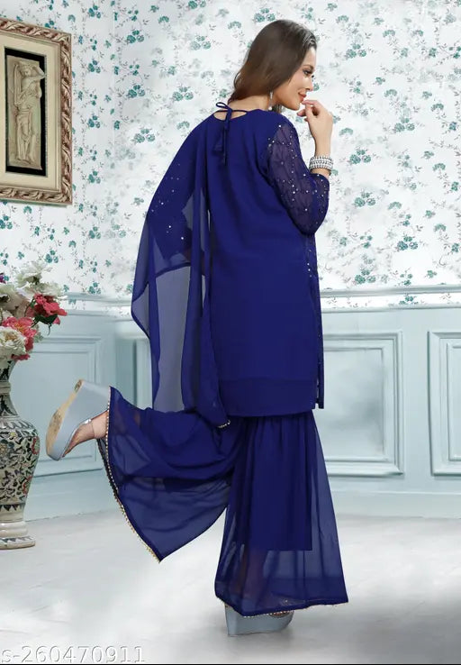 Blue Georgette Kurti Sharara Set with Dupatta and Sequin Embroidery - Indian wedding festival & party wear