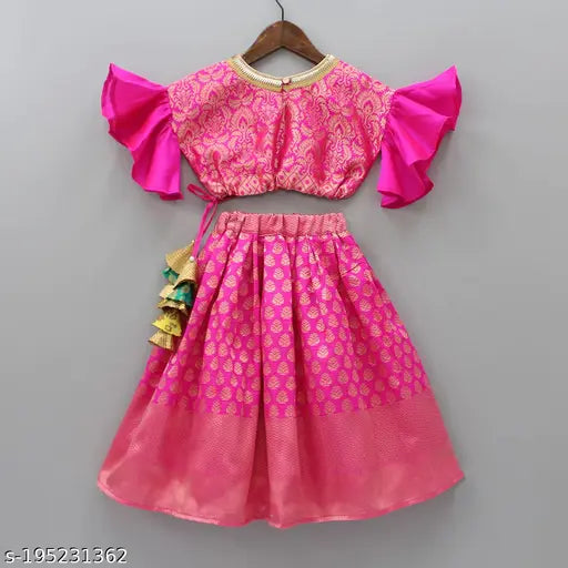 Silk and jacquard kids lehenga choli with zari woven pattern, short sleeves. Available in sizes 1-2 years, 3-4 years, 5-6 years, 7-8 years, 9-10 years, originating from India." (122 characters)