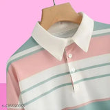 Korean multi-color striped Lycra long-sleeve polo shirt in pastel pink, blue, and white
