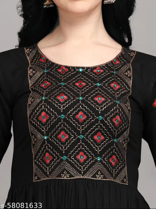 Embroidered rayon laxmi black kurti, three-quarter sleeve, Indian fashion